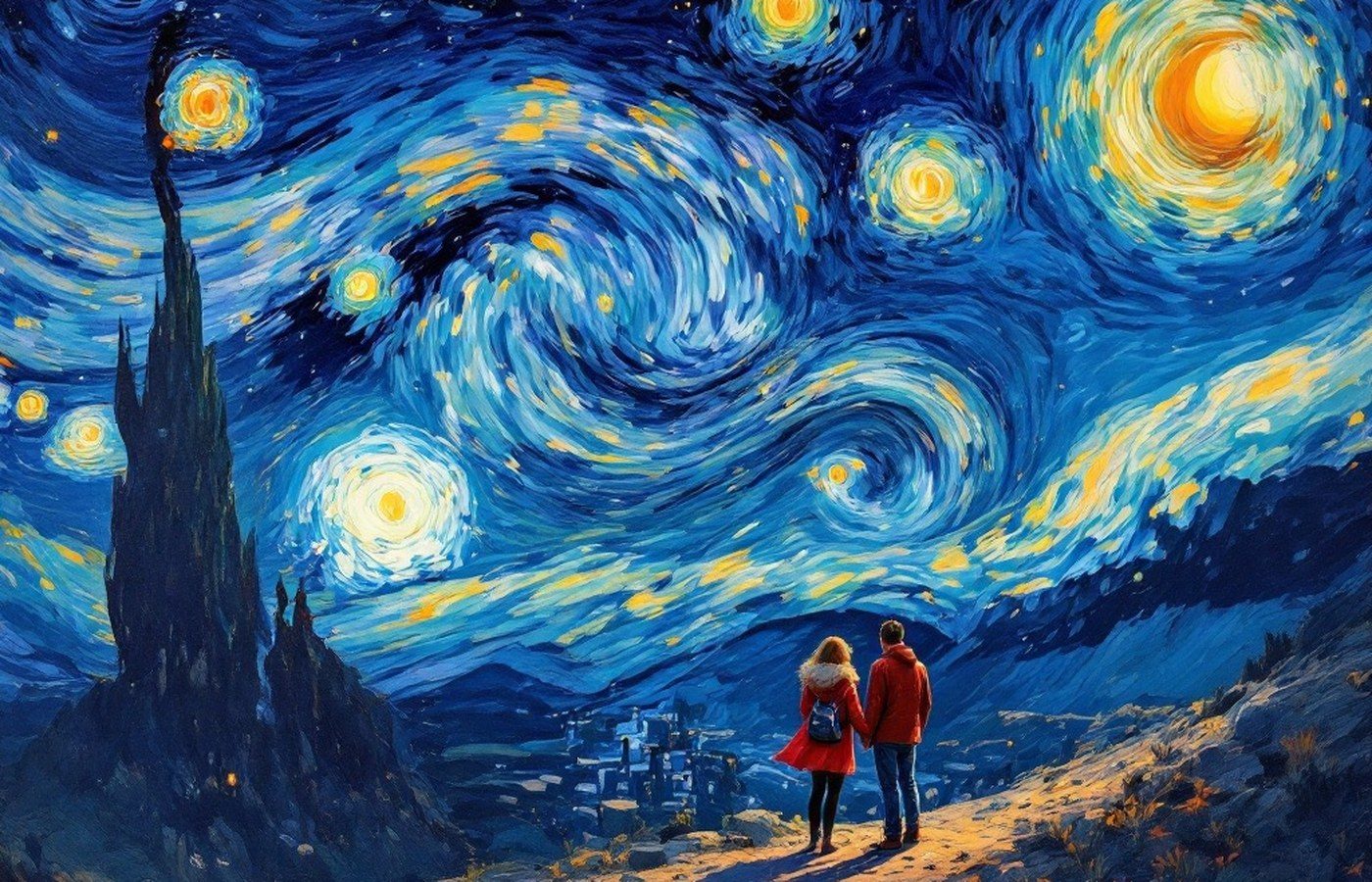 A swirling, starlit night sky rendered in thick impasto brushstrokes
