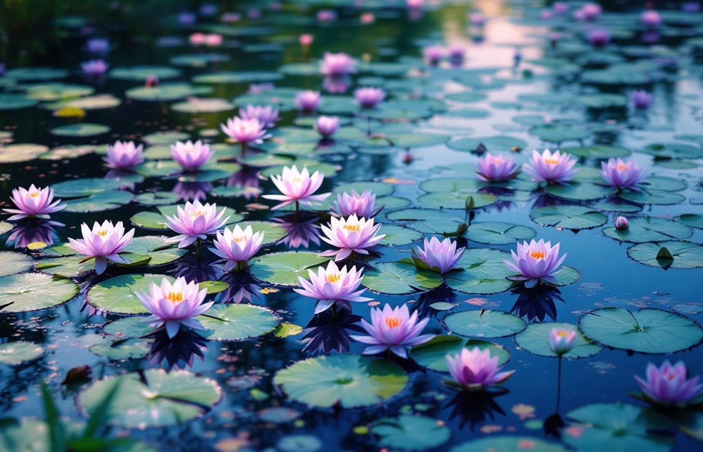 A pond of water lilies rendered in soft impressionist light