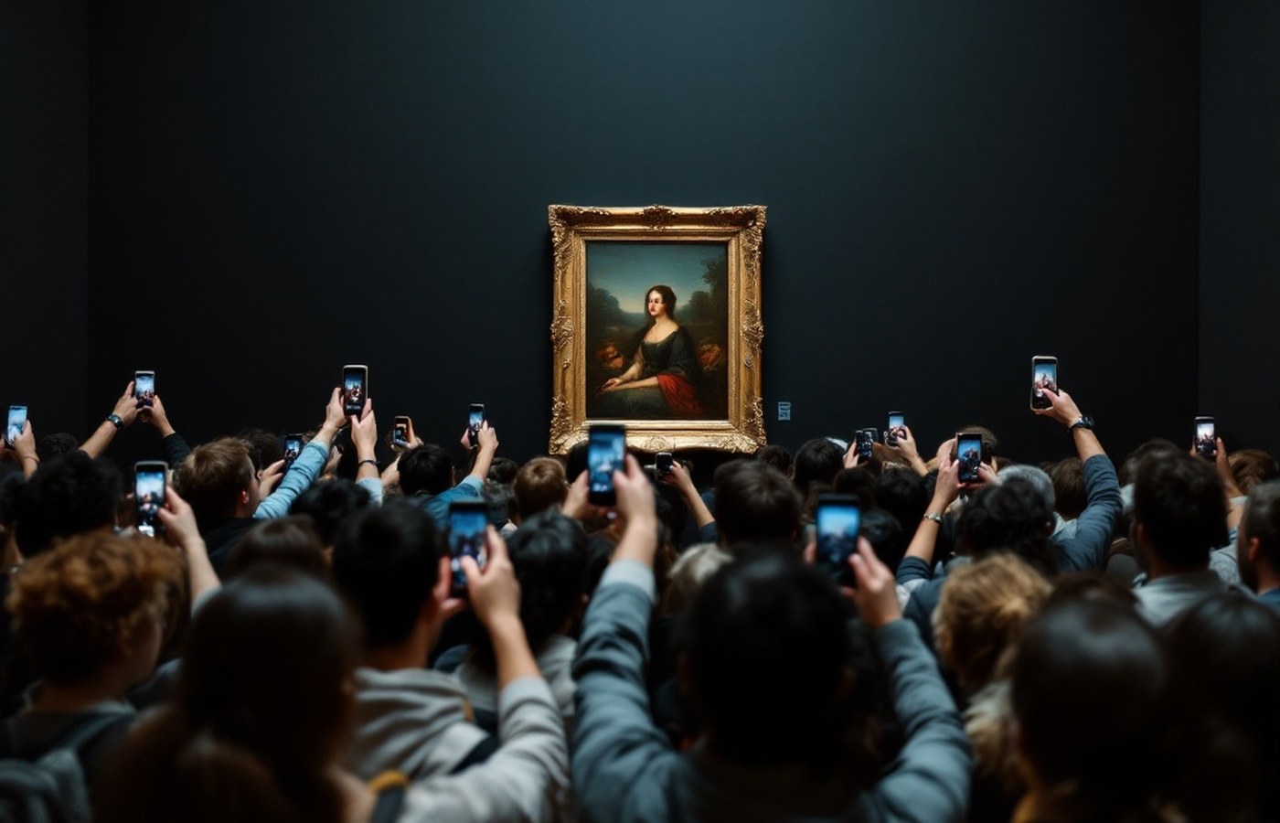 A crowd photographing a famous painting behind glass