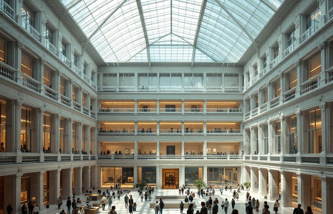 The glass-roofed central courtyard of the Harvard Art Museums