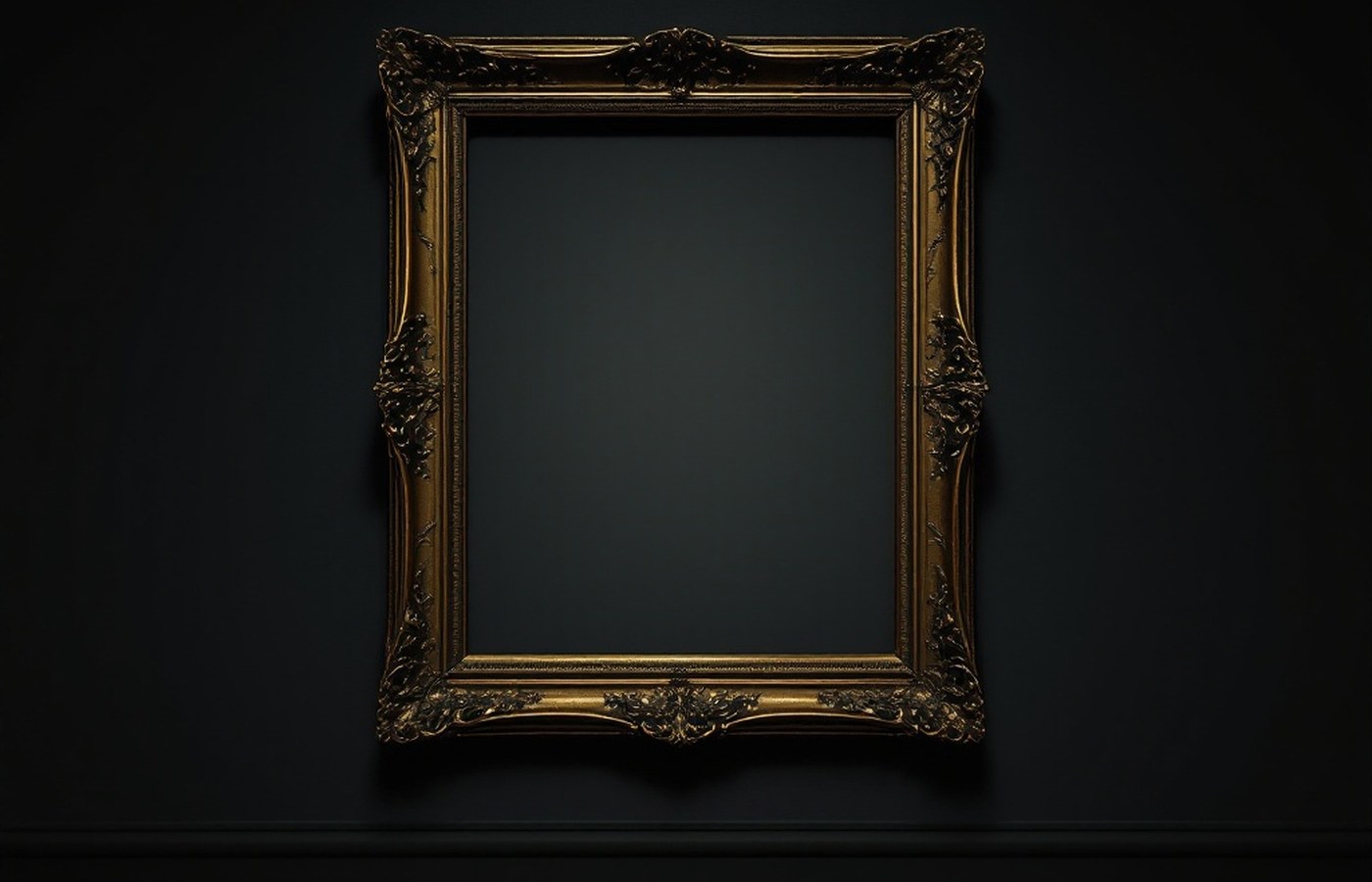 An empty gilded frame on a dim museum wall