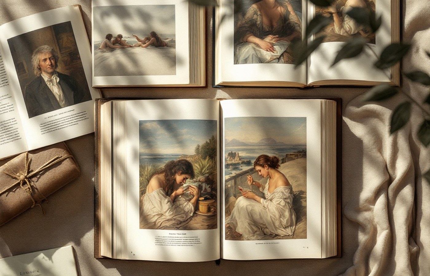 Open art albums laid out on a table