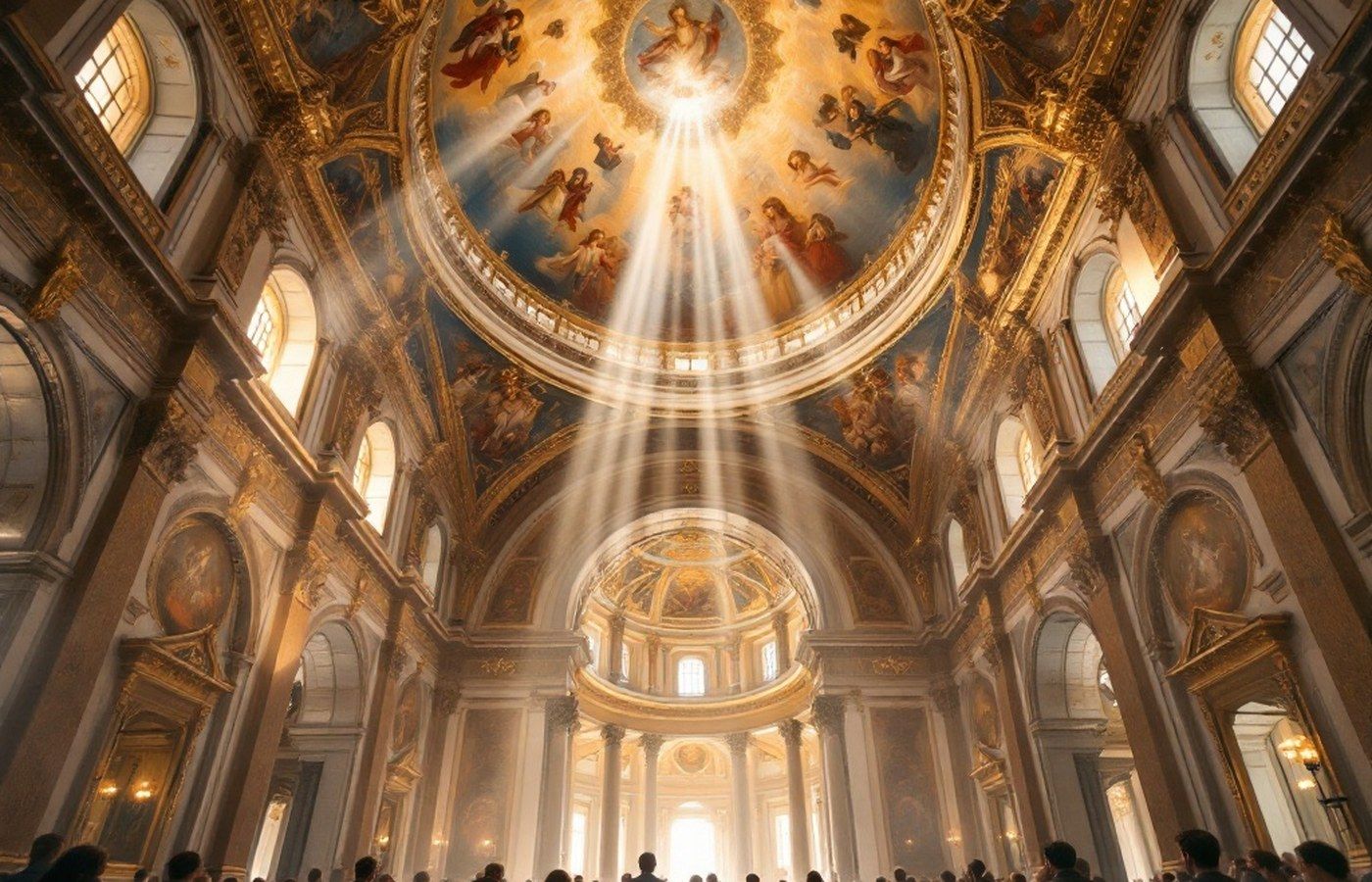 A grand Renaissance hall lit by soft light